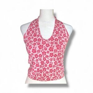 Forever 21 Halter Top‎ Pink Floral Ribbed Knit Crop Tank Y2K Retro Festival M/L